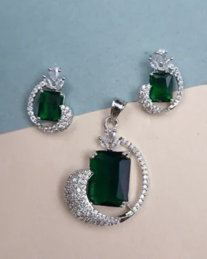 Sriasmi Silver Tone Green American Diamond Pendent