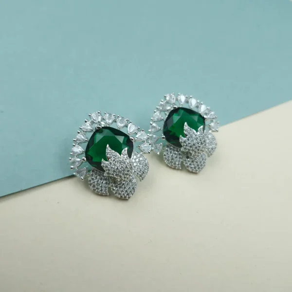 Sriasmi Silver Tone Green American Diamond Studs