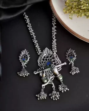 Sriasmi Traditional Krishna Mor Pankh Oxidised long Necklace set