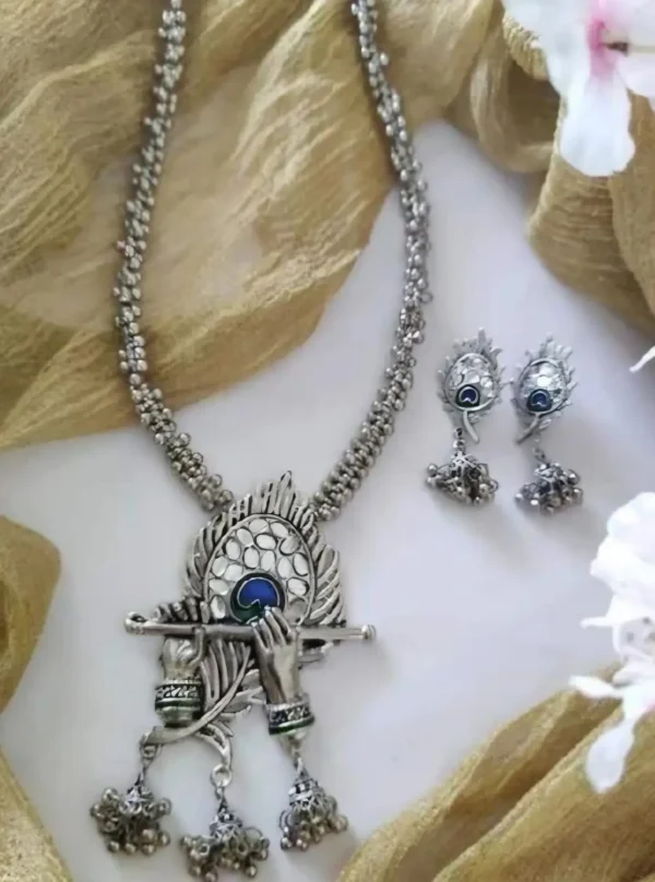 Sriasmi Traditional Krishna Mor Pankh Oxidised long Necklace set - Image 2